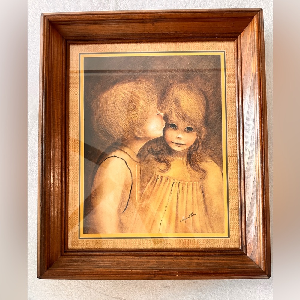 Vintage A Little Kiss Big Eyes Matted & Framed Print Picture By Margaret Kane